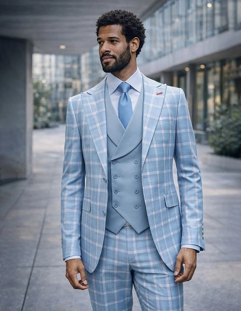 Statement Mens Modern Fit 3 Piece 100% Super 200s Wool Classic Windowpane Suit β Double Breasted Vest