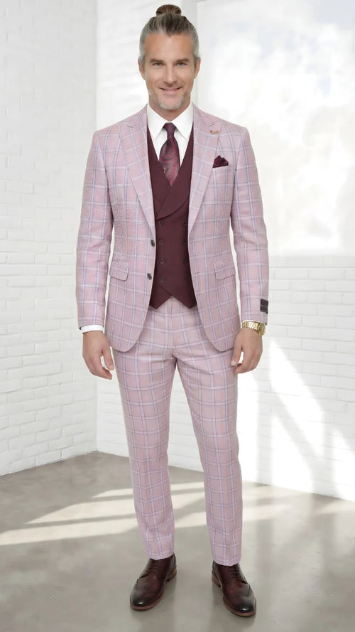 Statement Mens Modern Fit 3 Piece 100% Super 200s Wool Classic Windowpane Suit β Double Breasted Vest
