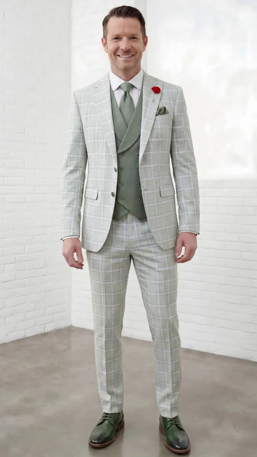 Statement Mens Modern Fit 3 Piece 100% Super 200s Wool Classic Windowpane Suit β Double Breasted Vest