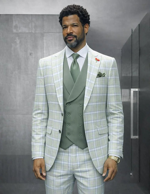 Statement Mens Modern Fit 3 Piece 100% Super 200s Wool Classic Windowpane Suit β Double Breasted Vest