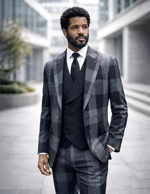 Statement Mens Modern Fit 3 Piece 100% Super 200s Wool Large Checker Suit β Double Breasted Vest