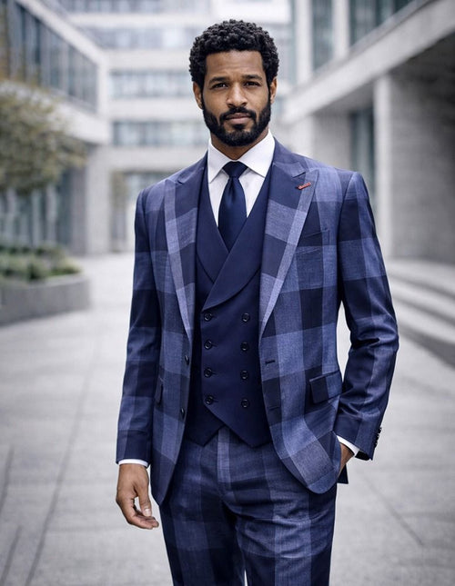 Statement Mens Modern Fit 3 Piece 100% Super 200s Wool Large Checker Suit β Double Breasted Vest