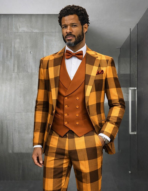 Statement Mens Modern Fit 3 Piece 100% Super 200s Wool Large Checker Suit β Double Breasted Vest
