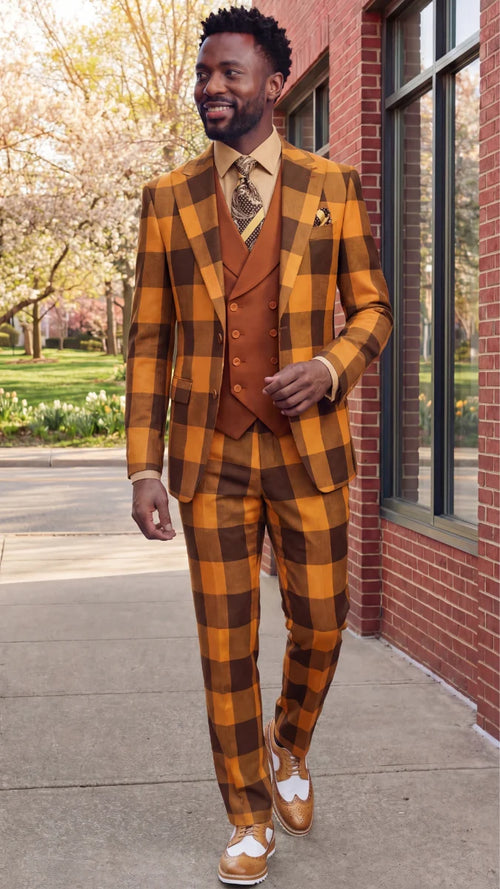 Statement Mens Modern Fit 3 Piece 100% Super 200s Wool Large Checker Suit β Double Breasted Vest