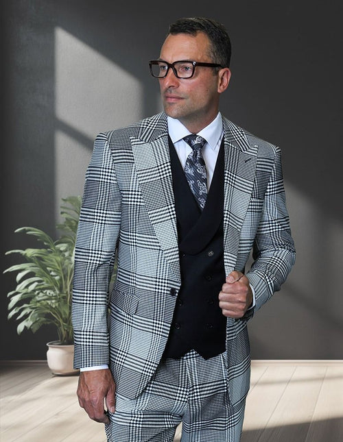 Statement Mens Modern Fit 3 Piece 100% Super 200s Wool Plaid Suit β Peak Lapel, Double Breasted Vest