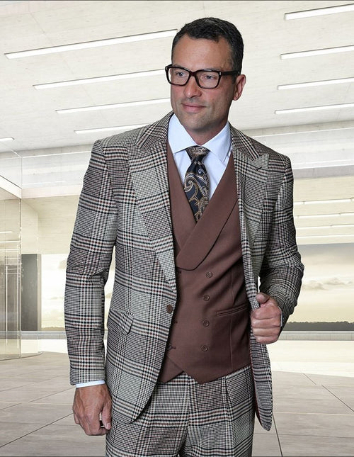 Statement Mens Modern Fit 3 Piece 100% Super 200s Wool Plaid Suit β Peak Lapel, Double Breasted Vest