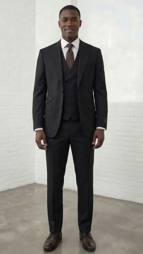 Statement Mens Modern Fit 3 Piece 100% Super 200s Wool Suit β Peak Lapel, Double Breasted Vest