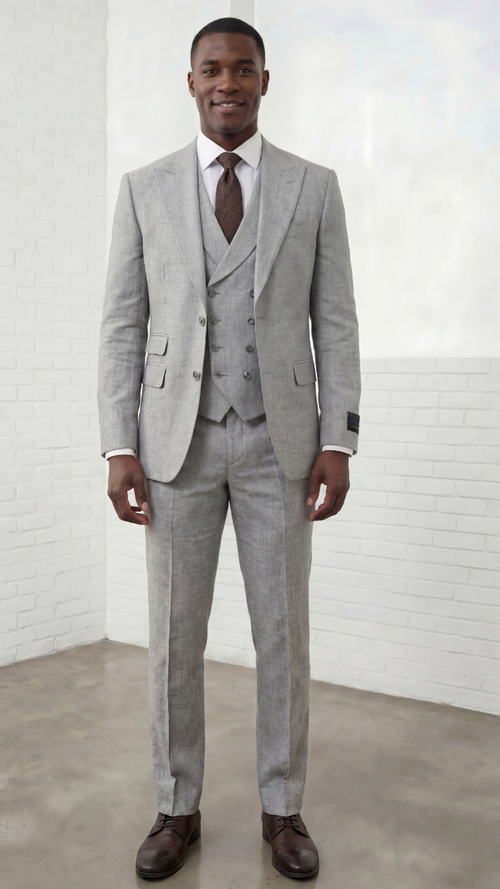 Statement Mens Modern Fit 3 Piece 100% Super 200s Wool Suit β Peak Lapel, Double Breasted Vest