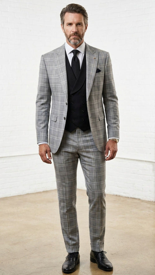 Statement Mens Modern Fit 3 Piece 100% Super 200s Wool Windowpane Suit β Solid Color Double Breasted Vest