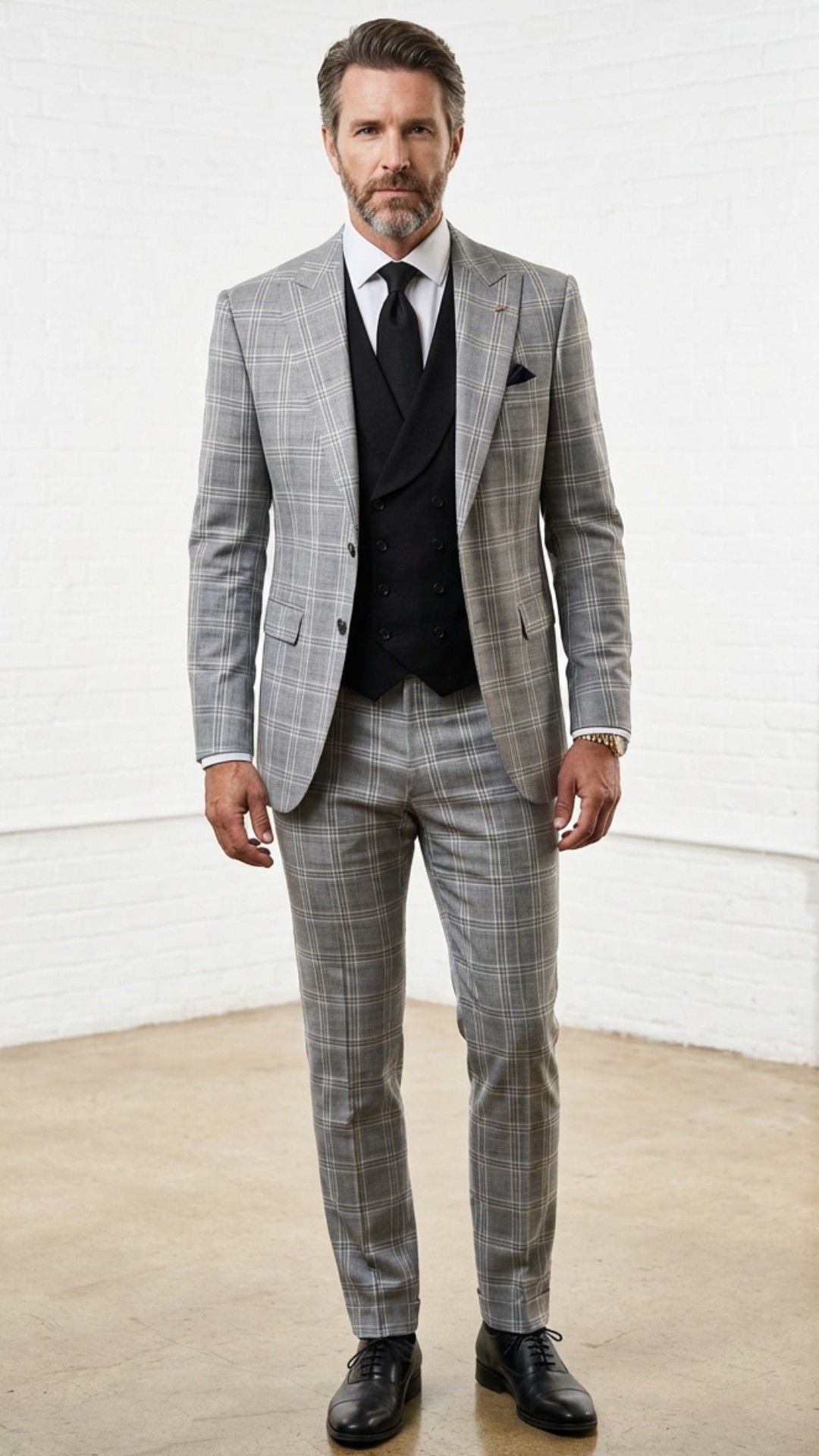 Statement Mens Modern Fit 3 Piece 100% Super 200s Wool Windowpane Suit β Solid Color Double Breasted Vest