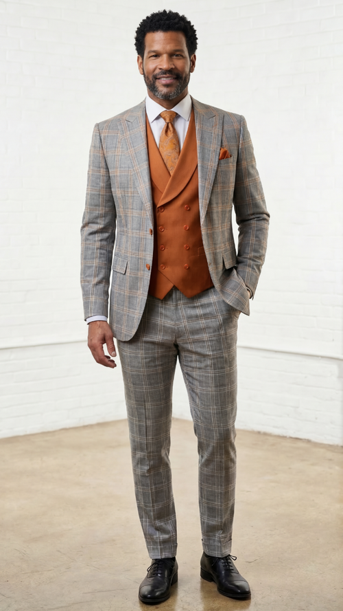 Statement Mens Modern Fit 3 Piece 100% Super 200s Wool Windowpane Suit β Solid Color Double Breasted Vest