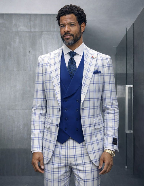 Statement Mens Modern Fit 3 Piece 100% Super Wool Windowpane Suit β Double Breasted Vest, Peak Lapel