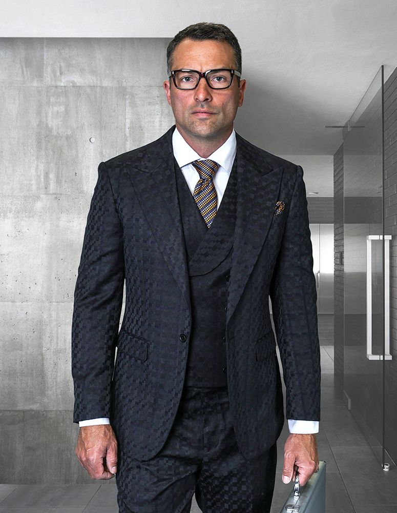 Statement Mens Modern Fit 3 Piece 100% Wool Checker Suit – Unique Pattern, Peak Lapel, Double Breasted Vest – SuitUSA