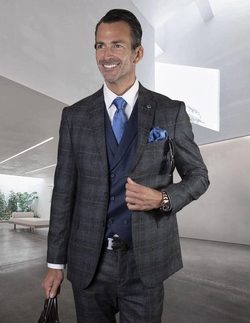 Statement Mens Modern Fit 3 Piece 100% Wool Pinstripe Suit β Wide Peak Lapel, 5 Button Vest