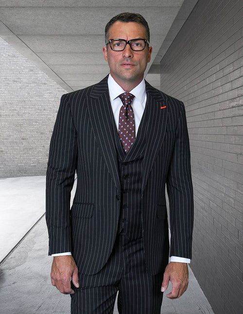 Statement Mens Modern Fit 3 Piece 100% Wool Pinstripe Suit β Wide Peak Lapel, 5 Button Vest