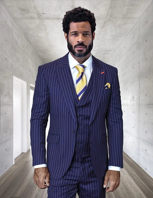 Statement Mens Modern Fit 3 Piece 100% Wool Pinstripe Suit β Wide Peak Lapel, 5 Button Vest