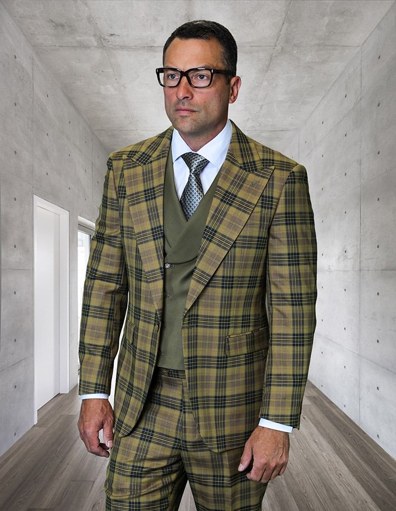 Statement Mens Modern Fit 3 Piece 100% Wool Plaid Suit β Wide Peak Lapel, Double Breasted Vest