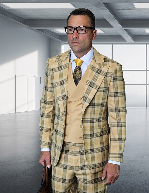 Statement Mens Modern Fit 3 Piece 100% Wool Plaid Suit β Wide Peak Lapel, Double Breasted Vest
