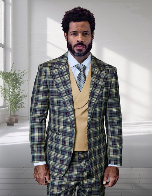 Statement Mens Modern Fit 3 Piece 100% Wool Plaid Suit β Wide Peak Lapel, Double Breasted Vest