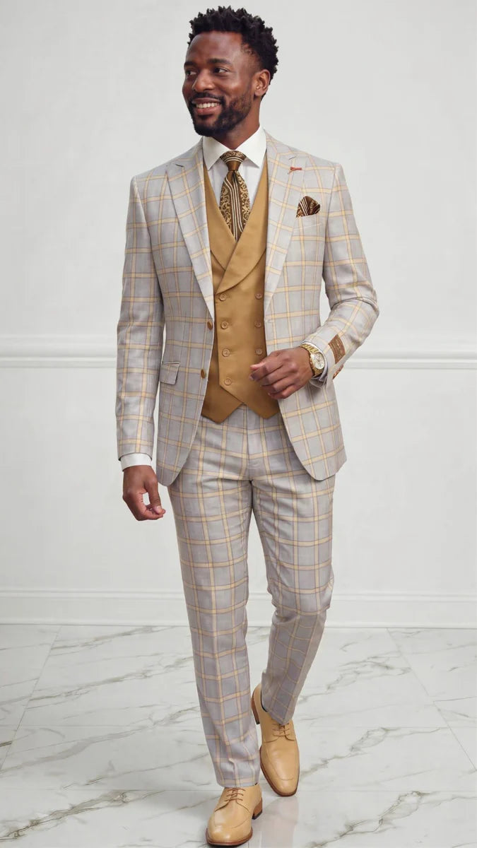Statement Mens Modern Fit 3 Piece 100% Wool Sharp Windowpane Suit β Double Breasted Vest
