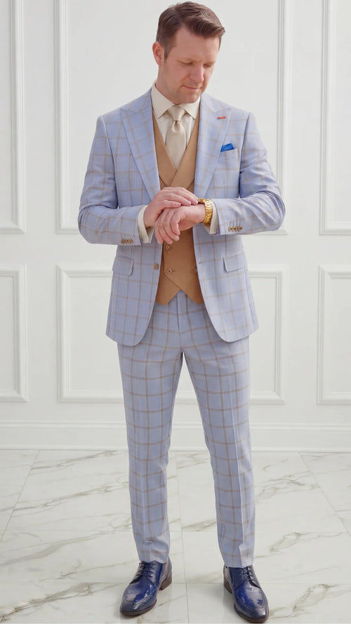 Statement Mens Modern Fit 3 Piece 100% Wool Sharp Windowpane Suit β Double Breasted Vest