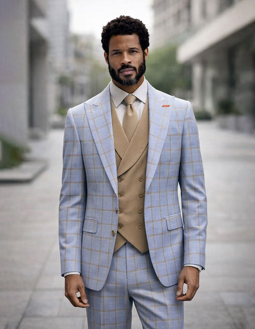 Statement Mens Modern Fit 3 Piece 100% Wool Sharp Windowpane Suit β Double Breasted Vest