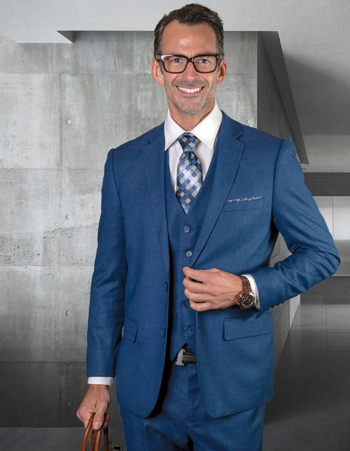 Statement Mens Modern Fit 3 Piece 100% Wool Suit β Subtle Texture, Notch Lapel Jacket