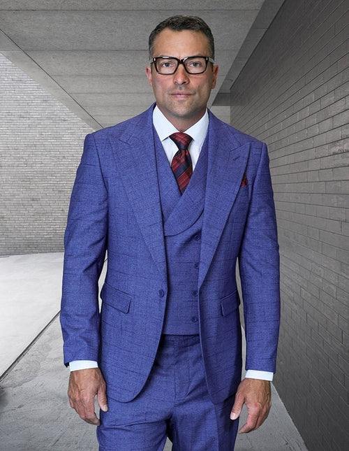 Statement Mens Modern Fit 3 Piece 100% Wool Textured Windowpane Suit β Wide Peak Lapel, Double Breasted Vest