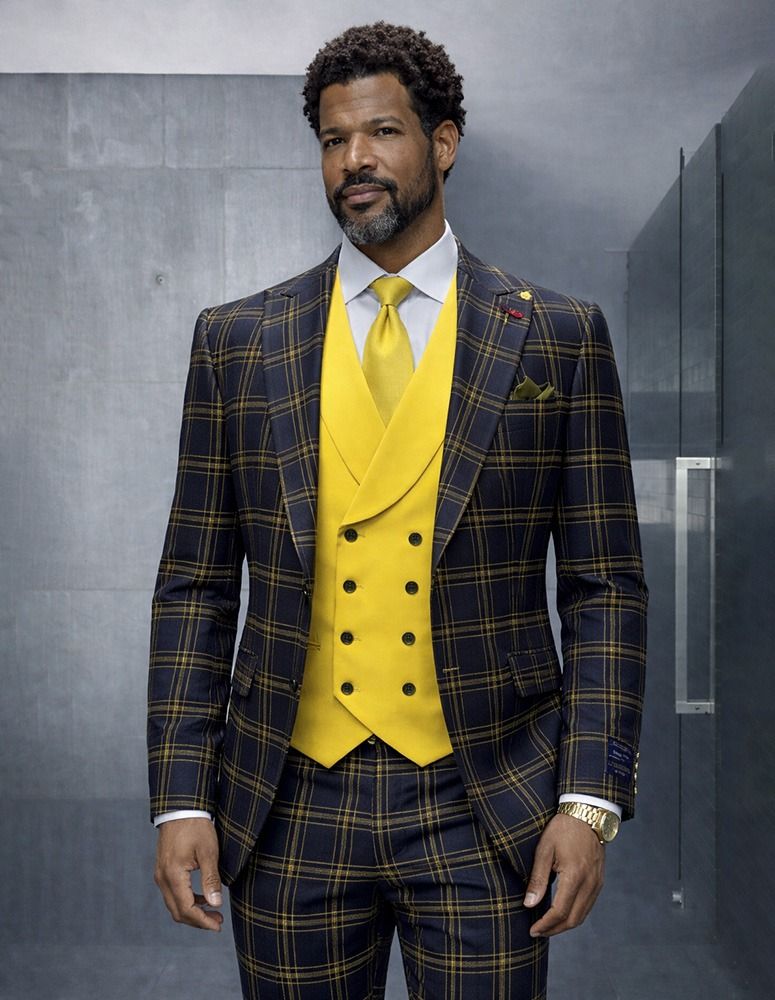 Statement Mens Modern Fit 3 Piece 100% Wool Windowpane Plaid Suit β Solid Color Double Breasted Vest