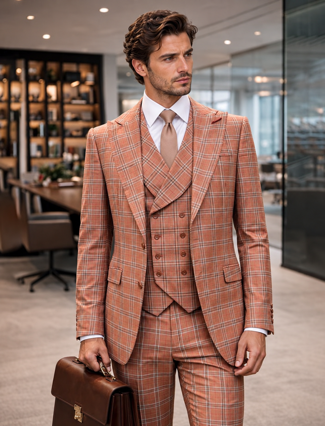 Statement Men's Wool Windowpane Suit with Vest Salmon 3 Piece Modern Fit Sergio