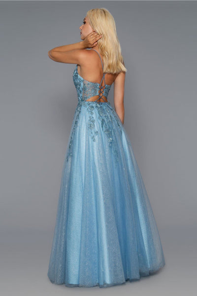 Stella Couture 21036 Strappy Back Embroidered A-Line Long Prom Dress