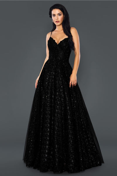 Stella Couture 21036 Strappy Back Embroidered A-Line Long Prom Dress