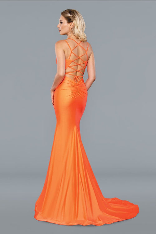 Stella Couture 22039 Simple High Slit Sweep Train Formal Prom Dress