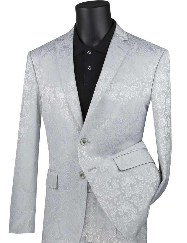 Mens Paisley Pattern Suit in Silver – Slim Fit Formal 2-Piece Set – SuitUSA