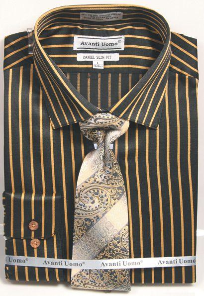 Stylish Pin-Spot Slim Fit Spread Collar Dress Shirt & Tie Set in Bold Black & Gold - Daniel Ellissa - USA Men's Outlet ā SuitUSA