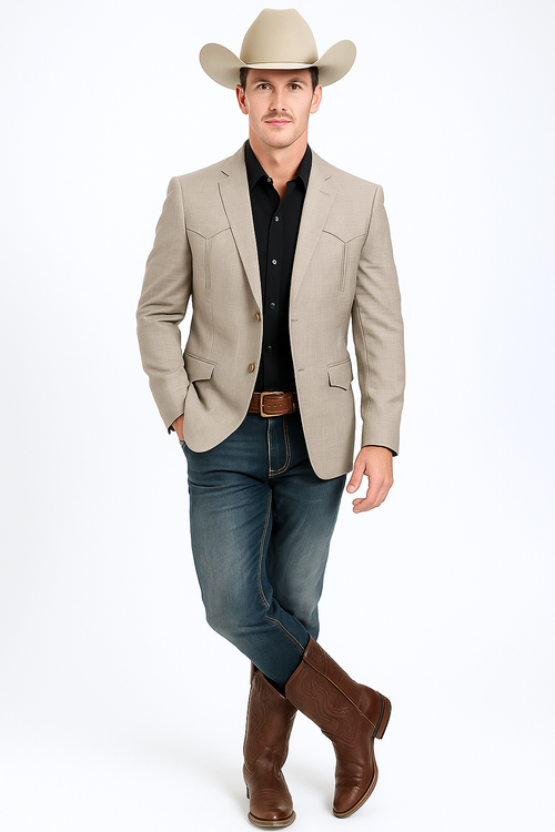 Saco Vaquero Western Blazer - Saco Para Hombre -Mens Double Button Western Taupe Blazer