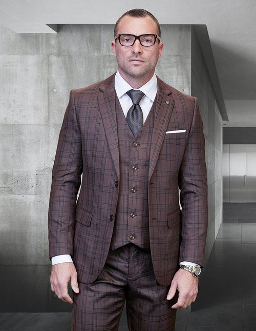 Plaid Big and Tall Mens 3 Piece Suit Windowpane Texture Business Pattern Modern Fit Side Vented Fashion for Men