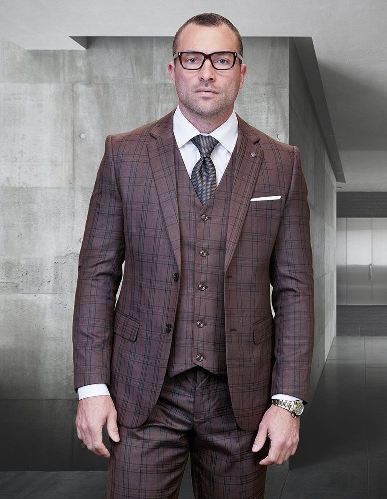 Plaid Big and Tall Mens 3 Piece Suit Windowpane Texture Business Pattern Modern Fit Side Vented Fashion for Men