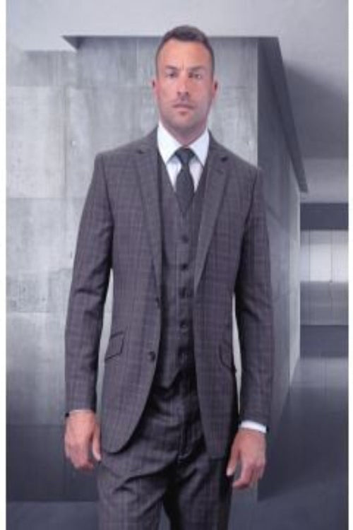 Men's Big & Tall 3pc Suit | Plaid | Windowpane Texture Business Pattern Modern Fit Side Vented
