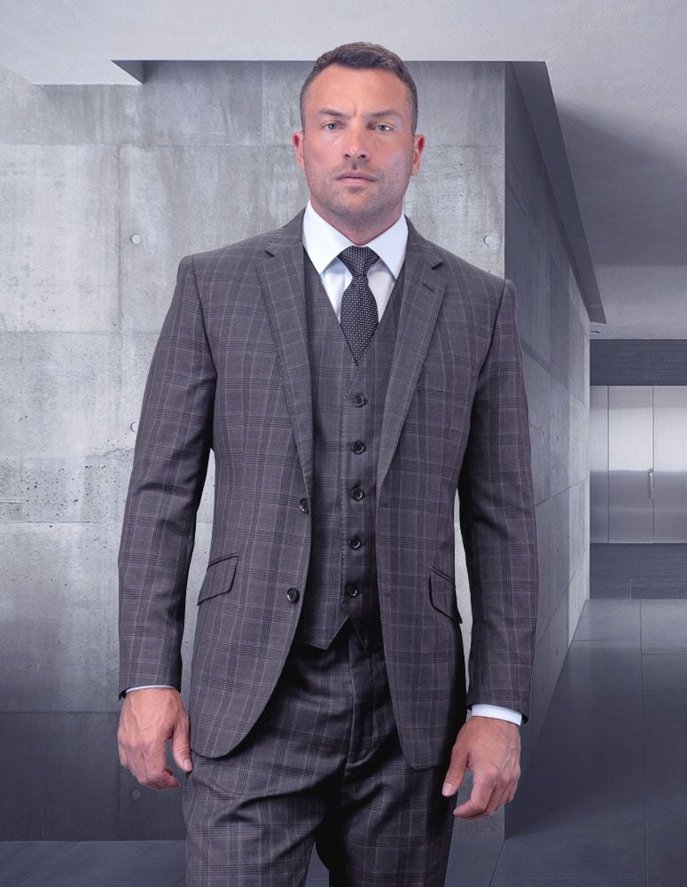 Men's Big & Tall 3pc Suit | Plaid | Windowpane Texture Business Pattern Modern Fit Side Vented