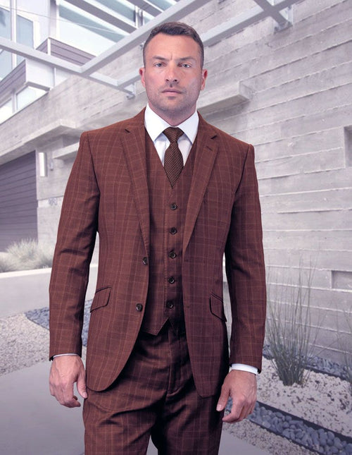 Men's Big & Tall 3pc Suit | Plaid | Windowpane Texture Business Pattern Modern Fit Side Vented