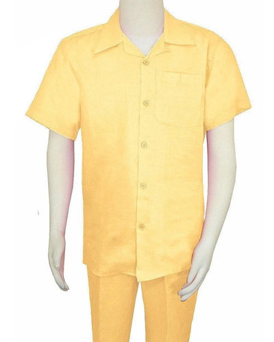 Big Size Men’s Yellow Linen Walking Suit Short Sleeve Shirt & Pants Set – Casual Summer Outfit