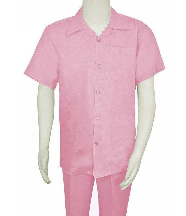 Men’s Big Size Lilac Linen Casual Outfit Short Sleeve Shirt and Drawstring Pants Set