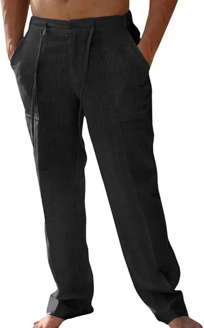 Men’s Short Sleeve Black Linen Walking Suit Shirt & Pants Set – Casual Resort Summer Outfit