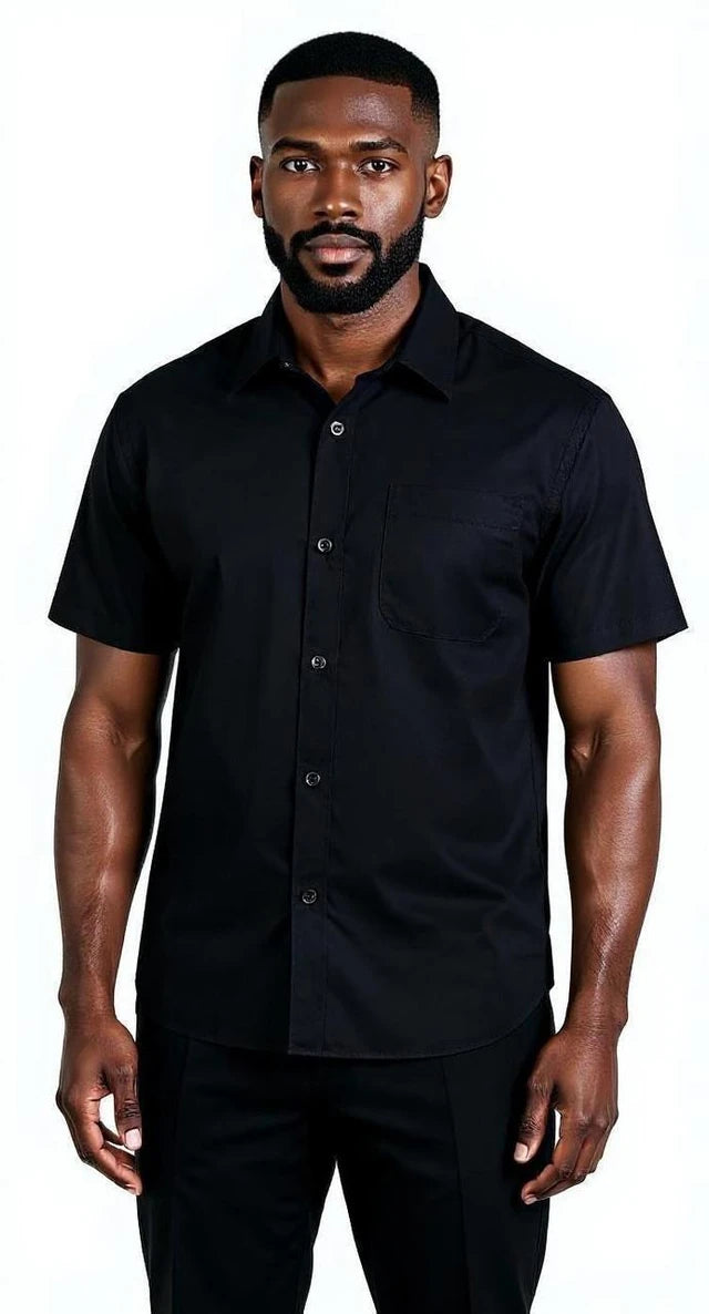 Men's Short Sleeve Black Linen Walking Suit Shirt And Pants Set – Casual Resort Summer Outfit S