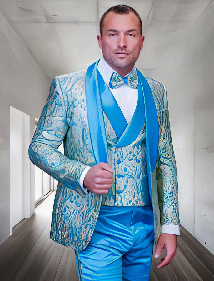 Prom Tuxedo - Wedding Suit - Groom Suit MEN'S TURQUOISE PATTERNED VESTED TUXEDO WITH BOWTIE by PROMTUXEDO – SuitUSA