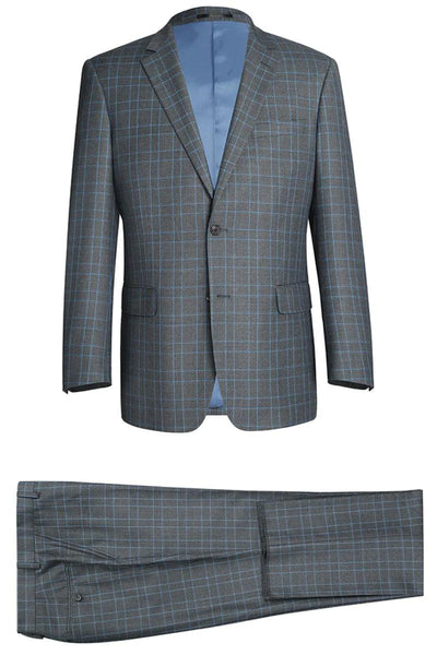 Suits
Renoir Suits Men's Classic 2-Button Suit in Grey Blue Windowpane Plaid - USA Men's Outlet