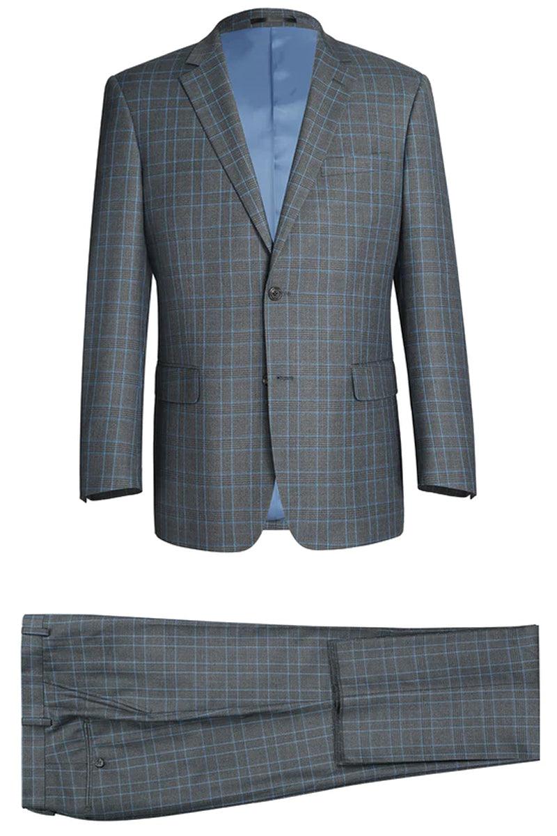 Suits
Renoir Suits Men's Classic 2-Button Suit in Grey Blue Windowpane Plaid - USA Men's Outlet