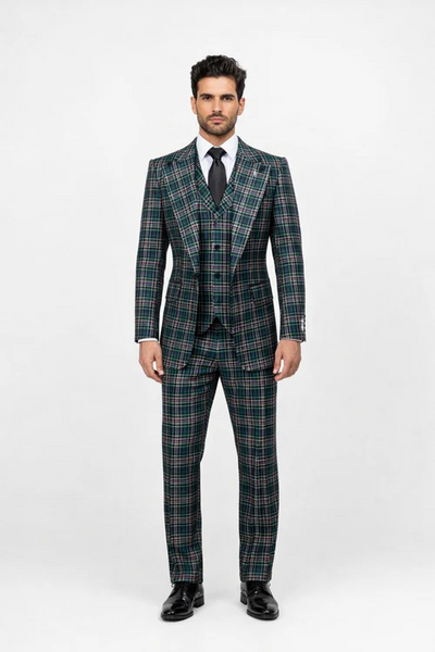 Suits With Baggy Pleated Pants - Wide Leg Pants 100% Wool - Classic Fit in Green Color by Rossiman USA Men's Outlet