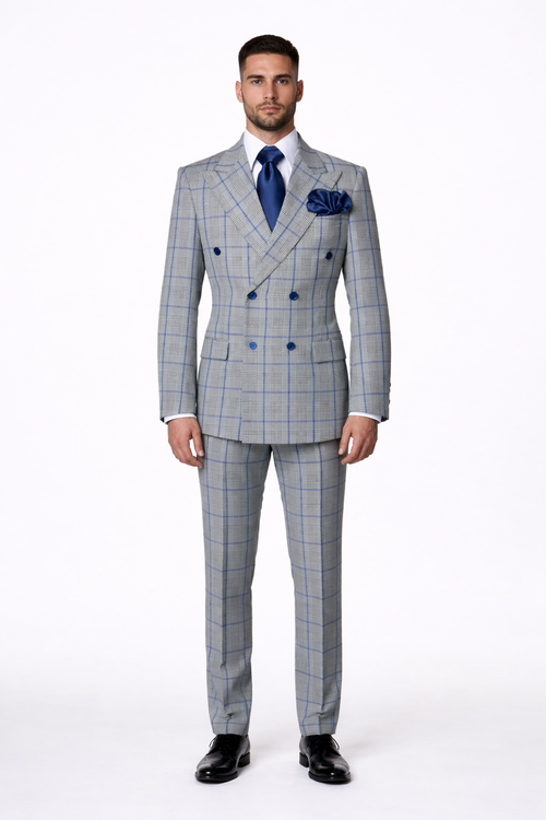 Suits With Baggy Pleated Pants - Wide Leg Pants 100% Wool - Classic Fit in Color Grey with Blue Plaid by Rossiman | USA Men's Outlet